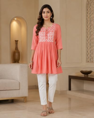 Image of Women's Floral Printed Cotton Kurti Summer Cotton Tunic Top for Girls