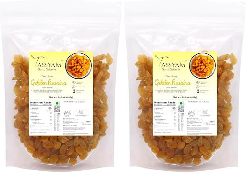 Image of Tassyam Seedless Golden Raisins 400g | Hand-Sorted Healthy Juicy Jumbo Indian Kishmish Pouch (Pack of 2)