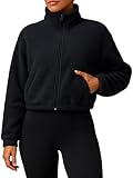 PINKMSTYLE Women's Cropped Zip Up Fleece Sherpa Jacket Coat Winter Warm Trendy Pullover Sweater Sweatshirt Black Medium