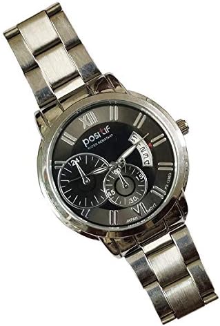 Young & Forever Mothers Day Gifts On-Time Stainless Steel Black Leather with Date & Day Elegant Velvet Pouch and Signature Silver Band Analog Watch Box for Men/Boys