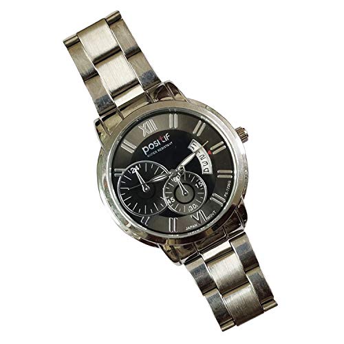 Young & Forever Mothers Day Gifts On-Time Stainless Steel Black Leather with Date & Day Elegant Velvet Pouch and Signature Silver Band Analog Watch Box for Men/Boys