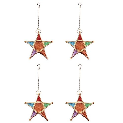 Lanterne d'eclairage suspendue etoile et bougeoir en verre multicolore pour jardin - 2