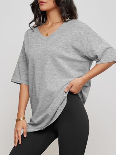 Image of ATHMILE Womens Oversized Shirts V Neck Plus Size Spring Workout Summer Tops Beach Vacation 2026 Gym Clothes Basic Tee