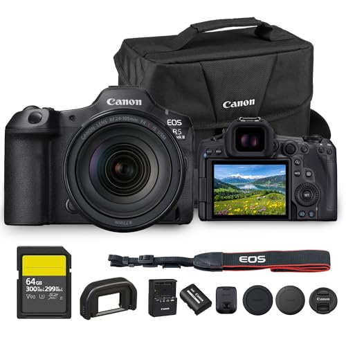 Canon EOS R5 Mark II Mirrorless Camera with RF 24‑105mm f/4 L is USM Lens | 45 MP Full‑Frame CMOS, 8K RAW/4K 120p Video, Dual Pixel CMOS AF II, 8‑Stop Image Stabilization with Bag and 64GB Card
