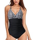 Bañadores Mujer Una Pieza Traje de Baño Tirantes Control la Barriga Escote en V Bikini Profundo Fruncido Monokini Tartán L