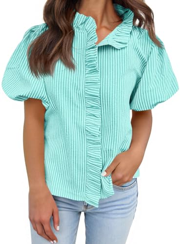 Tankaneo Womens Short Puff Sleeve Button Down Shirts Summer Ruffle Striped Work Tops Stand Collar Trendy Casual Loose Blouse Mint Green