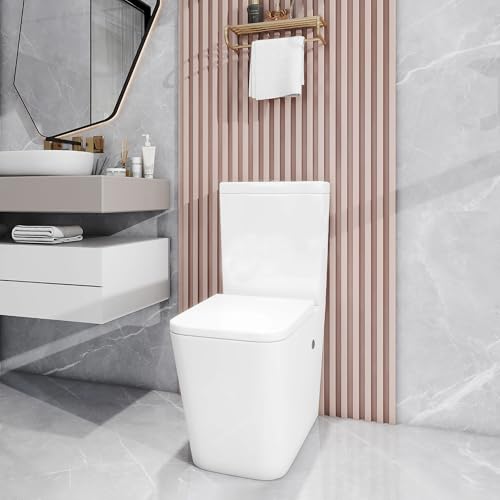Robanmoa Rimless Close Coupled Toilet WC Back to Wall Comfort Height Toilets White Ceramic WC Pan with Quick Release Soft Close Seat & Cistern Modern Square Bathroom Toilet