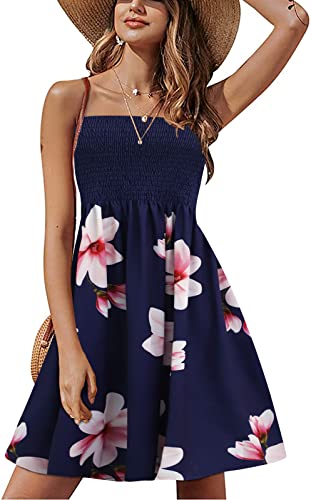 Tube Dresses for Women Beach Bohemian Floral Casual Smocked Strapless Dress for Women Summer Navy L