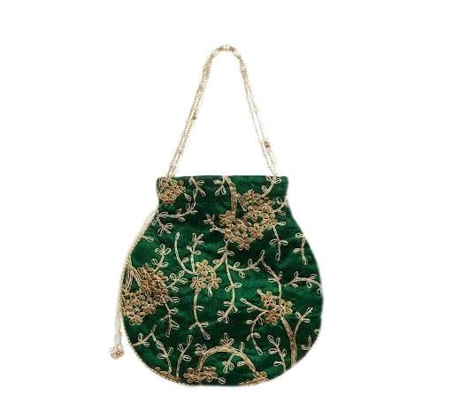 Green Velvet Potli Bag with Gold Zari Embroidery-image-23