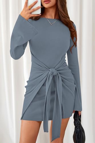dowerme Women's Casual Mini Dress 2026 Bell Long Sleeve Boat Neck Tie Waist Bodycon Dresses Knitted Party Fall Outfits(Grey Blue,Large) — view 3