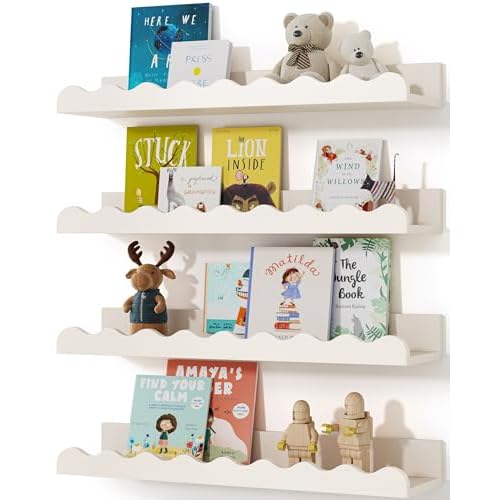 Kids’ Bookshelf Set of 4 – White Floating Nursery Book Shelves, Picture Ledge Shelf for Wall Decor and Storage – Perfect for Books, Toys, Photo Frames, and Nursery Décor