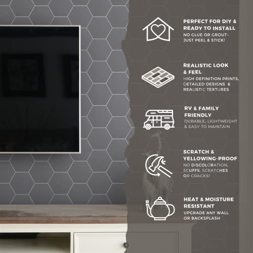 Avant Decor | 30 Tiles | Stone Composite Hexagon Solid Color | Peel And Stick Kitchen Backsplash Tiles | Stick On Wall Tiles | Easy Diy Installation | 6” X 6.9” #TOP4