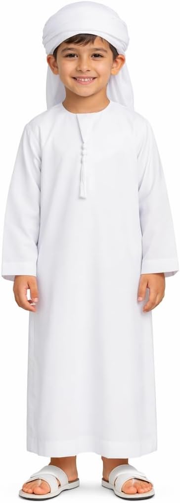 Habibi Traditional Emarati style Kandura, Ready to Wear Kandora, Thobe, Dishdasha for Boys, Kids, Arab Dress White