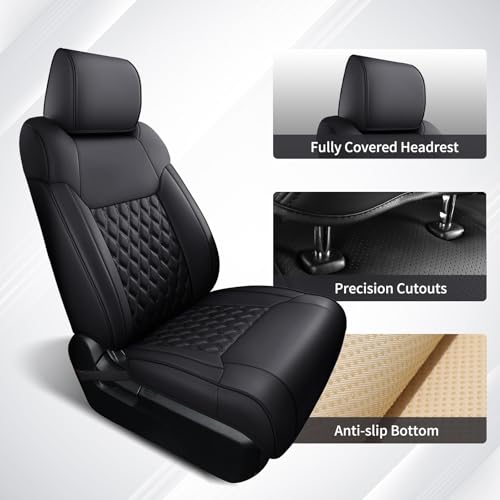 Image of Huidasource Tacoma Front Seat Covers Fit for Toyota Tacoma 2024-2026 All Cab SR, SR5, Limited, TRD Sport /Off-Road,Trailhunter Front Row, 360 Full-wrap Leather Car Seat Cover (Front Pair /Black)