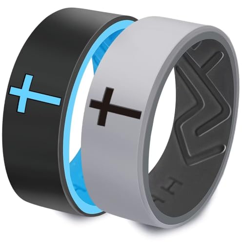 XAHH 2PCS Silicone Ring Set for Men Women,Classical Simple Christian Cross Religious Couple Rubber Wedding Bands,Black Grey,Pink Purple