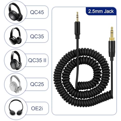 Zosvoses QC45 Spiralkabel Audio-Kabel, Ersatzkabel kompatibel mit Bose QC45/QC35/QC35 II/NC700 Kopfhörern, 2,5mm zu 3,5mm (1/8) Kabel mit 6,35mm (1/4) Adapter – 1,8-4,8m (6-16ft) (Schwarz)