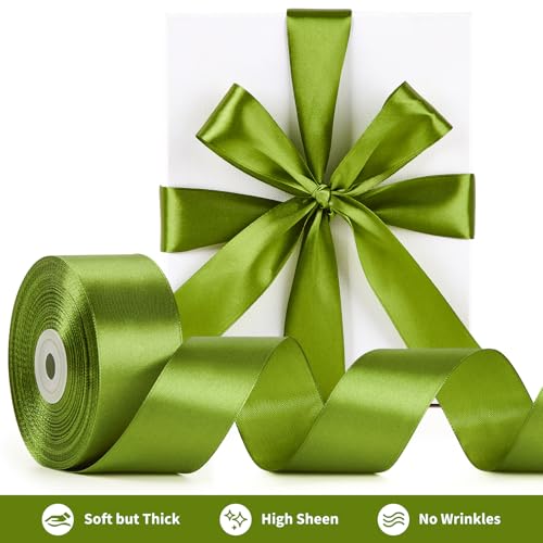 Image of Mauproy 1-1 /2 Inch Wide Olive Green Satin Ribbon, 50 Yards Solid Polyester Fabric Ribbon for Flower Bouquets, Gift Wrapping, Wedding Decorations, Handmade Crafts