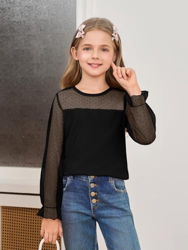 Yousify Girls Puff Long Sleeve Shirts Kids Cute Polka Dot Mesh Tops Blouses 5-14 Years4
