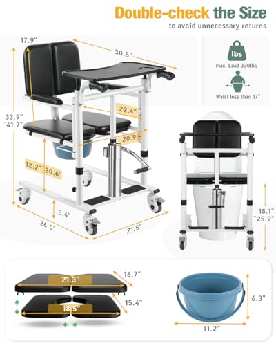 Patient Lift Wheelchair, 4 in 1 Transfer Wheelchair, Bedside Commode Toilet for Home and Hospital Care, Shower Chair for Elderly and Disabled, 180° Split Seat, Loading 330lbs