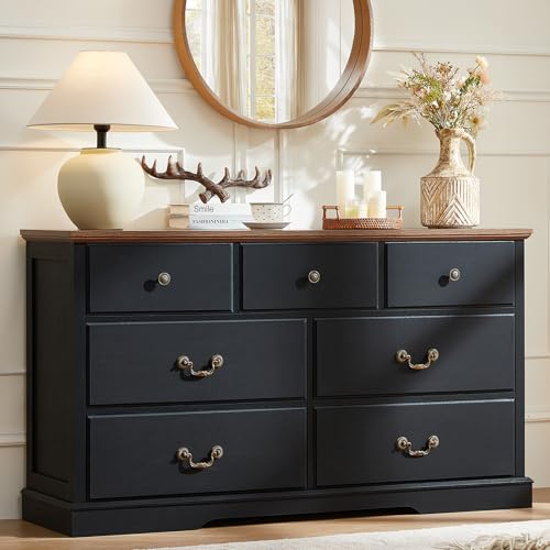 Senfarime Farmhouse 7 Drawer Black Dresser for Bedroom