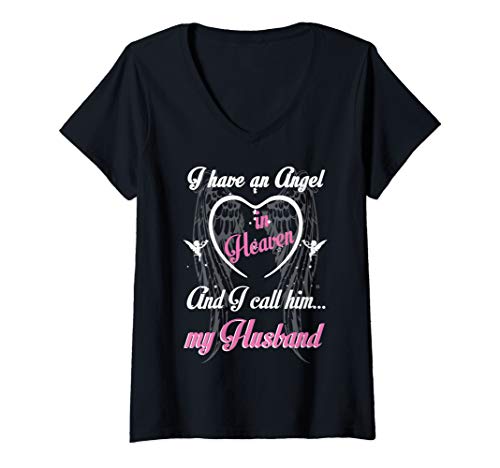 Womens Gift For Wives Lost Husband, In Memorial Husband In Heaven V-Neck T-Shirt
