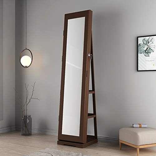 Soges 360° Rotating Jewelry Organizer Cabinet With Full-Length Mirror, Standing Lockable Jewelry Armoire Large Storage Cabinet, Inside Makeup Mirror, Rear Storage Shelves, Brown #TOP3