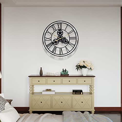 Large-Wall-Clock, Decorative Wall Clocks For Living Room Decor, Modern Industrial Metal And Wooden Frame Wall Clock For Bedroom Entryway Foyer Hallway, 27In Oversized Gear Wall Clock #TOP6