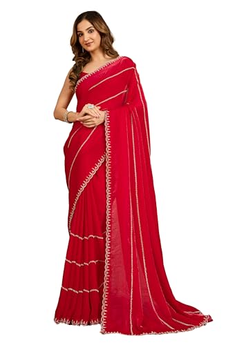 Image of TRENDMALLS Women's Satin Siroski With Zarkan Work Saree with Unstitched Blouse Piece