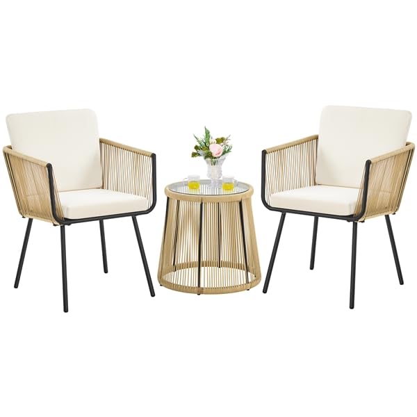 Yaheetech Conjunto de Muebles de Tejido con Cuerda de Jardín de Ratán 3 Piezas Juego de Muebles de Terraza Incluye 1 Mesa de Centro Redonda y 2 Sillas con Cojines Acolchados