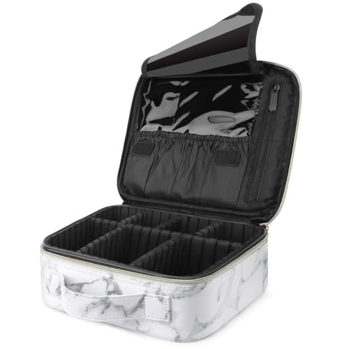 Image of SHAMAX Professional Makeup Case Organizer Bag for Women, Travel Cosmetic Kit Vanity Box with Adjustable Dividers, Portable Beauty Makeup Organiser & Cosmetic Travel Pouch | (White Marble)