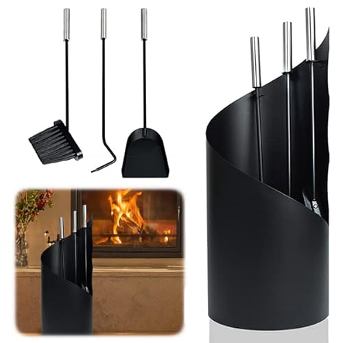 YUENFONG Kaminbesteck Edelstahl 5 teilig Kamingarnitur Kaminzubehör Kaminwerkzeug mit Schürhaken, Zange, Besen, Sichtschutz, für Innen, Wohnzimmer Küche(Typ B)