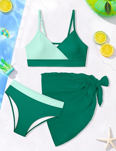 Image of Girls Swimsuit V Neck Bikini Set Color Block with Cover Up 3Pcs Bathing Suits