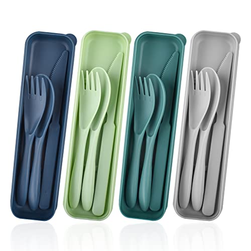 Set di Posate da Viaggio con Custodia, 4 Posate Portatili in Plastica, Set di Utensili Coltello Forchetta Cucchiaio, Portaposate da Campeggio Portatile,Utensili Riutilizzabili per Picnic Scuola
