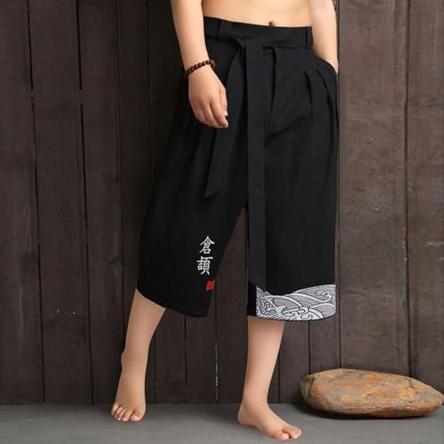 Boys Japanese Kimono Linen Capri Kids Traditional Beach Hakama Pants Wide Leg Loose Harem Pants Cropped Trousers3