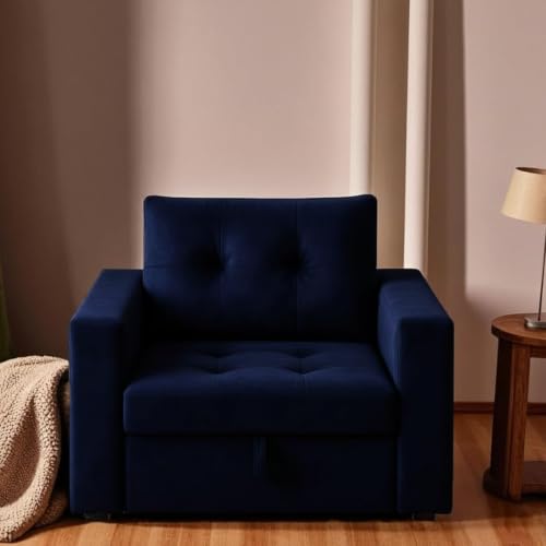 Image of FURNY Tressa 1 Seater Fabric Pull-Out Sofa Cum Bed (Dark Blue Color) - Premium Velvet Finish - Durable Comfort - Ideal for Living Room