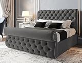Furnishion Sworn Sleigh Super King Bed Frame, 6ft Super King Size Bed, Luxury Plush Velvet Upholstered Panelled Design, Strong Wooden Beds Frame 6ft Size with High Headboard in Grey Plush