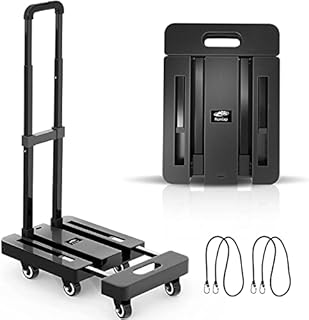 Ronlap Folding Hand Truck, 6 Wheels Fold Up Hand Cart with 2 Elastic Ropes, Portable 225KG Capacity Heavy Duty Luggage Cart, Utility Dolly Platform Cart for Car House Office Luggage Moving, Black