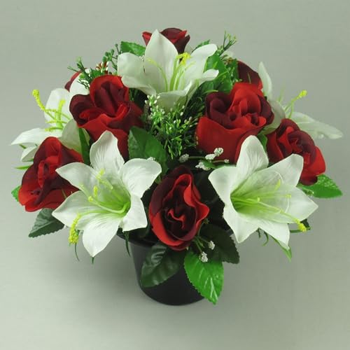 Just Because Flowers Artificial Grave Flower Arrangement with Red Rosebuds and Ivory Lilies 23cm