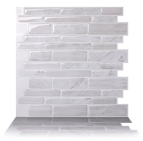 Tic Tac Tiles Peel and Stick Self Adhesive Removable Stick On Kitchen Backsplash Bathroom 3D Wall Tiles in Polito Designs (White, 5)