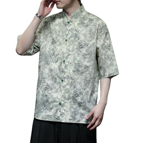 Camisa Tang para hombre con estampado floral de lino casual de manga corta