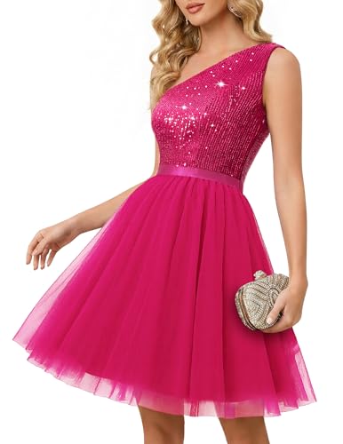 BeryLove Sequin Formal One Shoulder Homecoming Dresses for Teens Women's