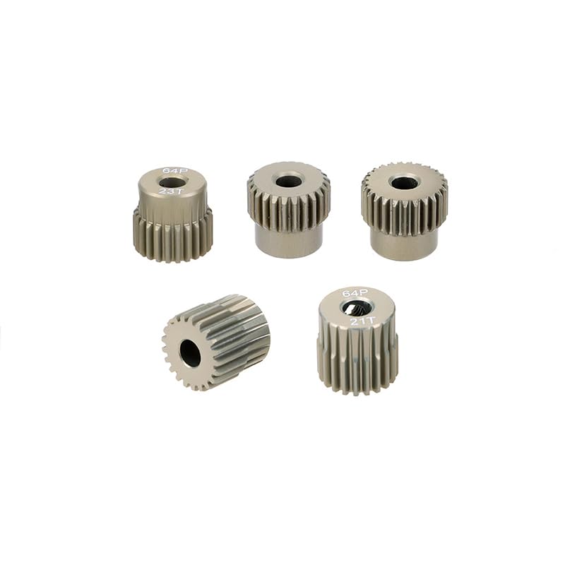 5pcs 64P 3.175mm (21T to 50T) Aluminum Alloy Metal Pinion Motor Gear for 1/10 RC Model - Includes Hex Key (21T-22T-23T-24T-25T)