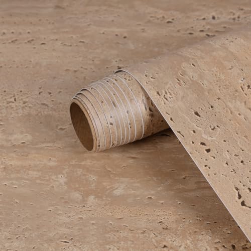 BESWEE Brown Travertine Marble Contact Paper for Countertops Faux Stone Thick Marble Wallpaper Peel and Stick Waterproof 15.7''x80'' Self Adhesive Granite Contact Paper for Kitchen Table Cabinet Desk