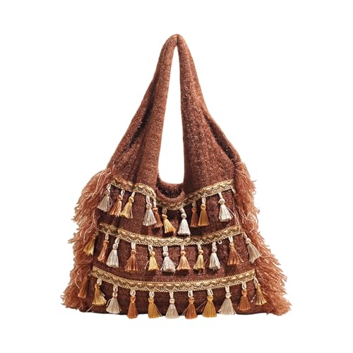 Zktfyshk Bohemians - Bolso de playa con borlas de ganchillo plegable para mujer, bolso de hombro de verano para mujer, bolso de mano plegable con borlas, marrón oscuro