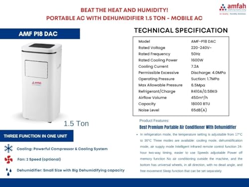 Image of AMFAH 1.5 Ton Portable AC | Portable Air Conditioner with Dehumidifier & Air Filter | Remote, Timer & Sleep Mode | No Drainage, Movable Design | 1 Yr Product & 4 Yr Compressor Warranty | (AMF-P18 DAC)