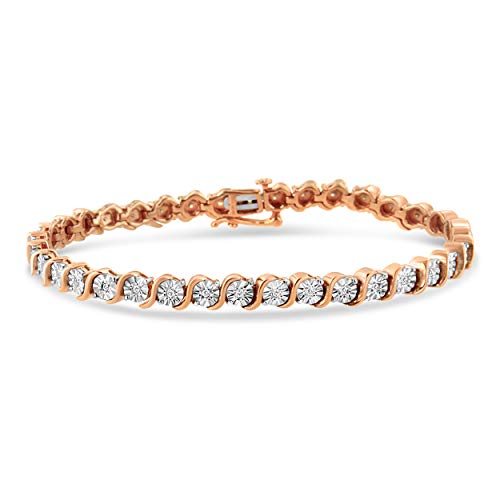 14K Rose Gold Plated .925 Sterling Silver 1/4 Cttw Diamond Round Miracle Plate And "S" Link Tennis Bracelet (I-J Color, I2- I3 Clarity) - 7" #TOP9
