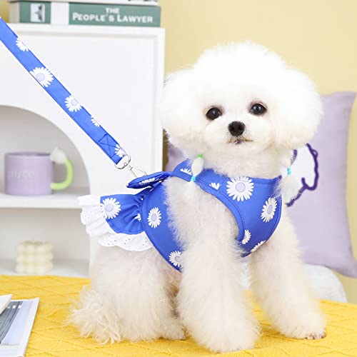 Baejmjk Dog Dress Harness And Leash Set For Small Dogs Floral Bow Tie Girl Puppy Dress Breathable Cute Princess Dog Dresses Spring Summer Pet Cat Clothes Skirt(Dark Blue,X-Small) #TOP3
