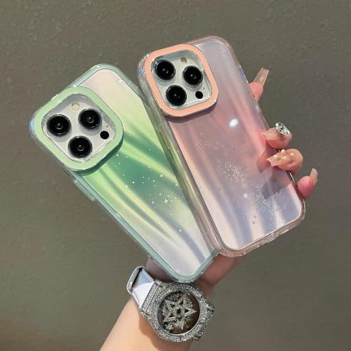 Image of VONZEE Compatible for iPhone 15 Plus 6.7'' Case Bling Star Gradient Shiny Colorful Case with Full Camera Protection Shockproof Case PC+TPU Glossy Shiny Cover for Girls Women,Green