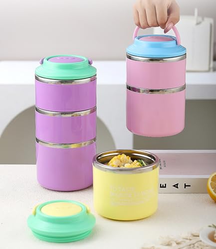 Image of House of Quirk 2 Layer 304 Stainless Steel Round Lunch Box for Office, Portable Multi-Layer Lunch Bucket, Large Capacity Leak-Proof Food Container with Rice Storage (Yellow)