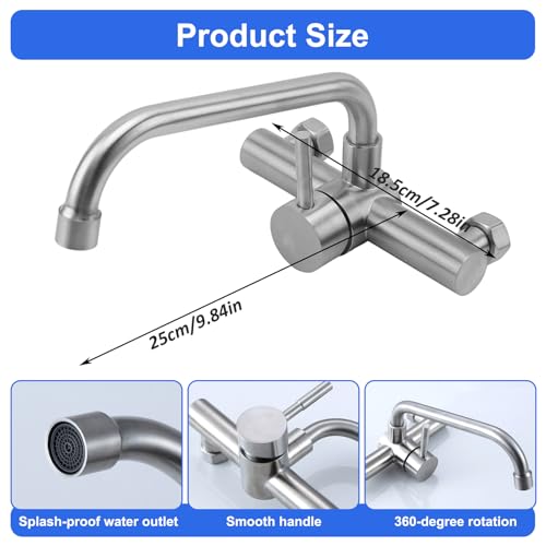 Spalivivre Wasserhahn Wandmontage, 360° Drehbare Mischbatterien aus Edelstahl, Küchenarmatur Wand Mischbatterie, Matt